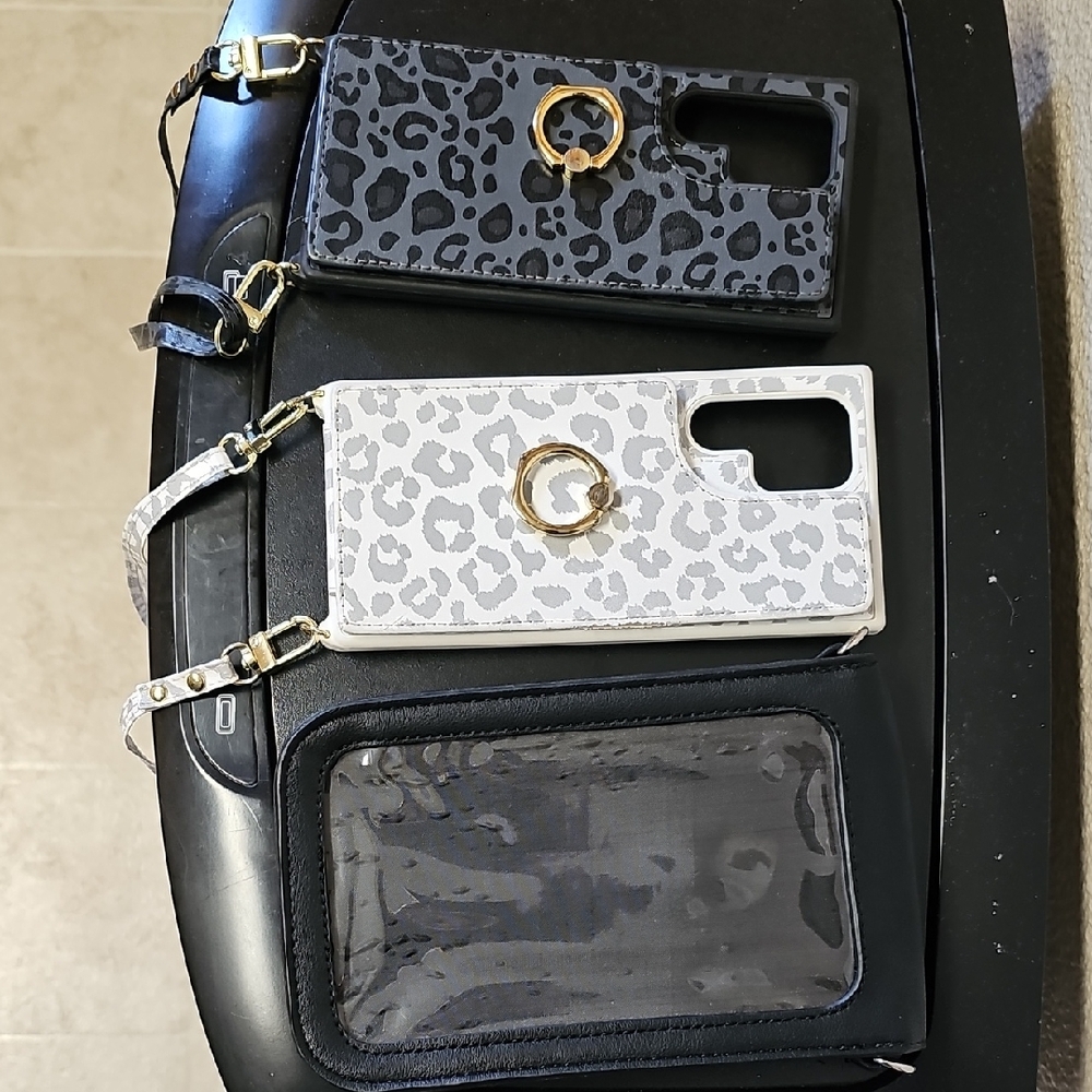 Galaxy 23S Ultra - 2 Leopard Print Phone Cases w/Ring Holder. 1 Plain. Tote 5.